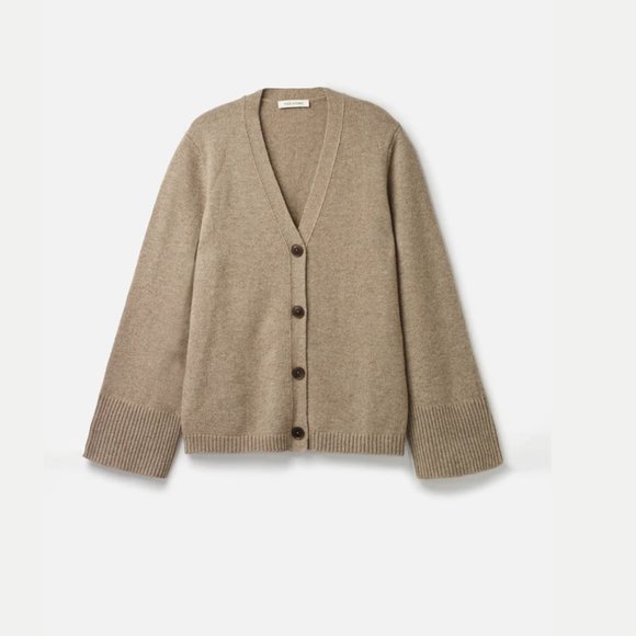 Toteme Cashmere Cardigan Sweater Beige Button Up Ribbed Trim V-Neck Large - Picture 2 of 13